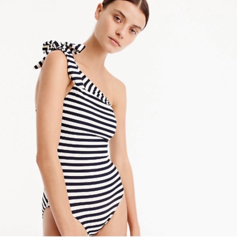 NWOT J. Crew one shoulder one piece swimsuit in navy Ivory stripes - Picture 3 of 6